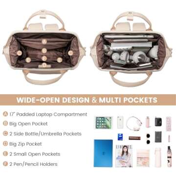 LOVEVOOK Leather Backpack for Women,17 inch Leather Laptop Backpack Women,Professional Work Backpack Nurse College Teacher Bag,Womens Laptop Tote Bag Computer Travel Backpack Purse,Beige-Flesh Beige