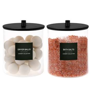 Glass Jars and Acrylic Dryer Sheet Holder, Laundry Pods Container with Bamboo Lid and 27 Labels, Pow...