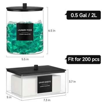 Glass Jars and Acrylic Dryer Sheet Holder, Laundry Pods Container with Bamboo Lid and 27 Labels, Powder Detergent Containers for Laundry Room Organization, Storage Jars Set (3 Pack, Black)