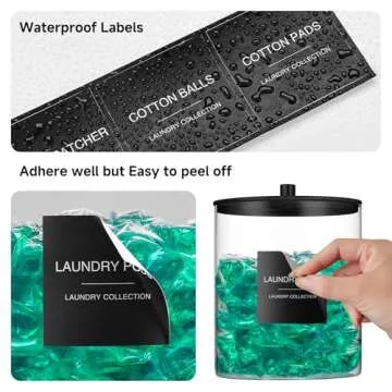 Glass Jars and Acrylic Dryer Sheet Holder, Laundry Pods Container with Bamboo Lid and 27 Labels, Powder Detergent Containers for Laundry Room Organization, Storage Jars Set (3 Pack, Black)