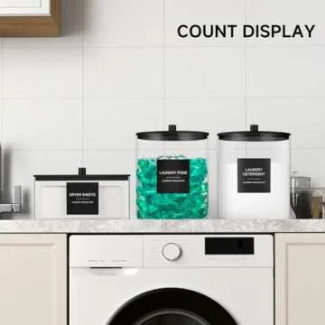 Glass Jars and Acrylic Dryer Sheet Holder, Laundry Pods Container with Bamboo Lid and 27 Labels, Powder Detergent Containers for Laundry Room Organization, Storage Jars Set (3 Pack, Black)