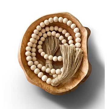 Wooden Bowl, Handmade Wooden Bowls with Wood Bead Garland, Natural, Fruit Bowl, Key Bowl for Decor, 8in-10in