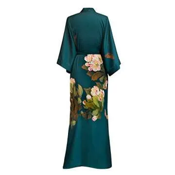 OLDSHANGHAI Women's Charmeuse Kimono Robe Long - Watercolor Floral - Peony & Butterfly- Vintage Teal (Blue)