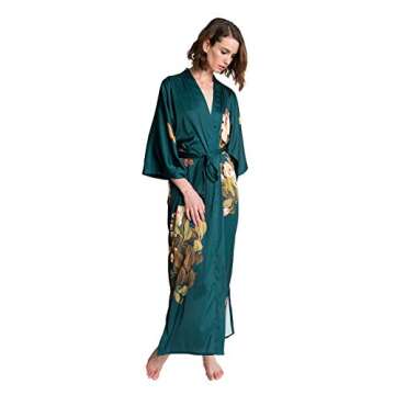 OLDSHANGHAI Women's Charmeuse Kimono Robe Long - Watercolor Floral - Peony & Butterfly- Vintage Teal (Blue)