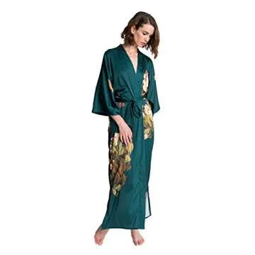 OLDSHANGHAI Women's Charmeuse Kimono Robe Long - Watercolor Floral - Peony & Butterfly- Vintage Teal (Blue)