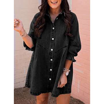 Sidefeel Womens Smocked 3 4 Sleeve Button Down Denim Jeans Dresses