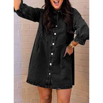 Sidefeel Womens Smocked 3 4 Sleeve Button Down Denim Jeans Dresses