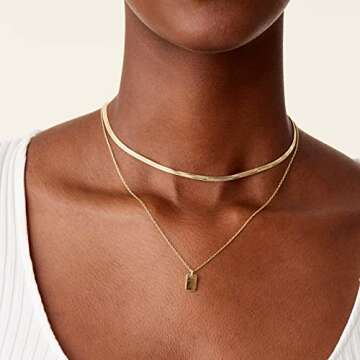 PAVOI 14K Gold Plated Layered Necklace with Dog Tag Pendant | Layering Necklaces for Women with Herr...