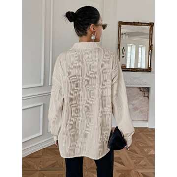 MakeMeChic Women's Textured Button Down Blouse Long Sleeve Button Up Shirt Beige L