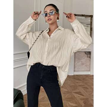 MakeMeChic Women's Textured Button Down Blouse Long Sleeve Button Up Shirt Beige L