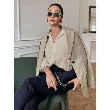 MakeMeChic Women's Textured Button Down Blouse Long Sleeve Button Up Shirt Beige L