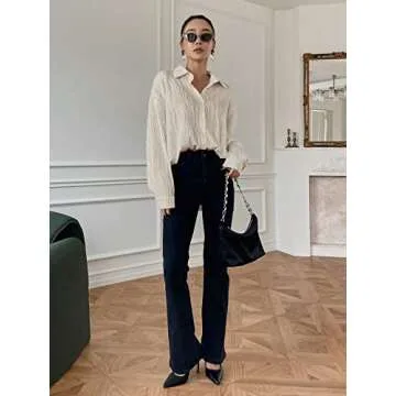 MakeMeChic Women's Textured Button Down Blouse Long Sleeve Button Up Shirt Beige L