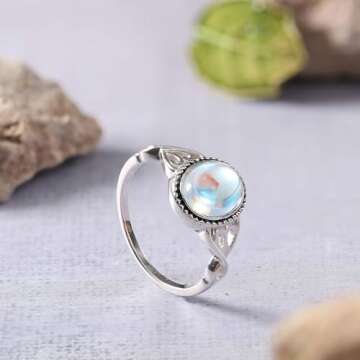 MILACOLATO Moonstone Rings for Women 925 Sterling Silver Jewelry | 18K White Gold Vintage Celtic Knot Rings | Bezel Solitaire Rings | 5/6/7/8/9/10/11, Sterling Silver, Cubic Zirconia