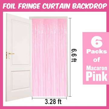 6 Pack Macaron Pink Foil Fringe Curtains Backdrop, 3.28 x 6.6 Ft Metallic Streamers Tinsel Curtains ...
