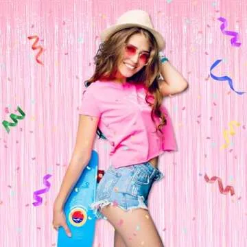 6 Pack Macaron Pink Foil Fringe Curtains Backdrop, 3.28 x 6.6 Ft Metallic Streamers Tinsel Curtains Background for Photo Booth, Birthday, Halloween, Christmas, New Year Party Decorations