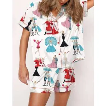 Juakoso Women Christmas Pajamas Short Sets Trendy Print Button Down Lounge Sets Slik Satin 2 Piece Sets Y2k Sleepwear Pjs