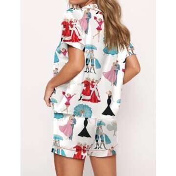 Juakoso Women Christmas Pajamas Short Sets Trendy Print Button Down Lounge Sets Slik Satin 2 Piece Sets Y2k Sleepwear Pjs