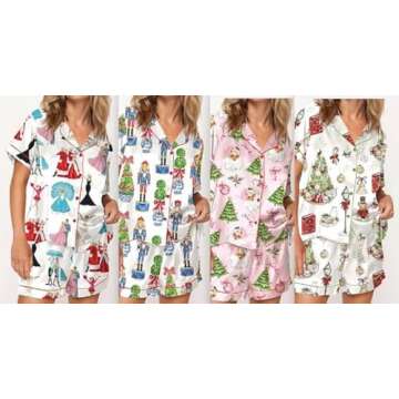 Juakoso Women Christmas Pajamas Short Sets Trendy Print Button Down Lounge Sets Slik Satin 2 Piece Sets Y2k Sleepwear Pjs