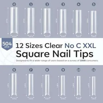 modelones Square Nail Tips, 504 Pcs Acrylic Fake Nails Tips XXL Extra Long Straight No C Curve Half Cover Clear Gel x Nail Tips 12 Sizes with Box