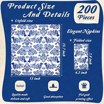 Hotop 200 Pcs Blue Floral Napkins Blue White Disposable Dinner Napkins Decorative Paper Guest Towels Floral Guest Hand Towels for Wedding Holiday Birthday Party Bridal Tableware Party Supplies