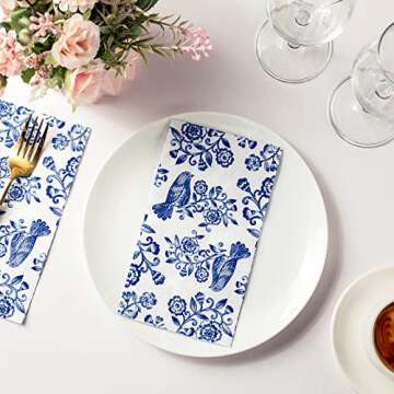 Hotop 200 Pcs Blue Floral Napkins Blue White Disposable Dinner Napkins Decorative Paper Guest Towels Floral Guest Hand Towels for Wedding Holiday Birthday Party Bridal Tableware Party Supplies