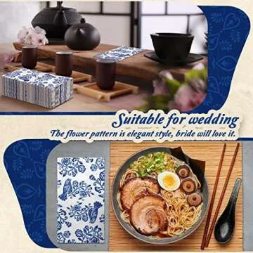 Hotop 200 Pcs Blue Floral Napkins Blue White Disposable Dinner Napkins Decorative Paper Guest Towels Floral Guest Hand Towels for Wedding Holiday Birthday Party Bridal Tableware Party Supplies