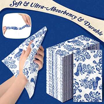 Hotop 200 Pcs Blue Floral Napkins Blue White Disposable Dinner Napkins Decorative Paper Guest Towels Floral Guest Hand Towels for Wedding Holiday Birthday Party Bridal Tableware Party Supplies
