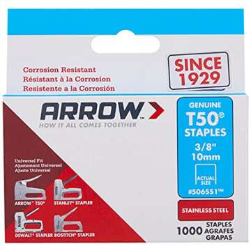Arrow Fastener 506SS1 Heavy Duty T50 Stainless Steel Staples for Upholstery, Construction, Furniture, Crafts, 3/8-Inch Leg 3/8-Inch Crown Size,Length, 1000 Count (Pack of 1)