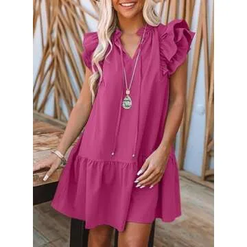 Dokotoo Casual Dresses for Women 2025 Trendy Summer V-Neck Drawstring Ruffle Caps Sleeve Solid Color Flowy Easter Mini Cute Dresses with Pockets Rose Large