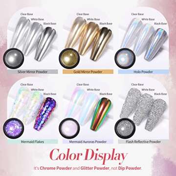 BORN PRETTY Chrome Powder Holographic Nail Art Pigments - 6 Boxes of Reflective Glitter