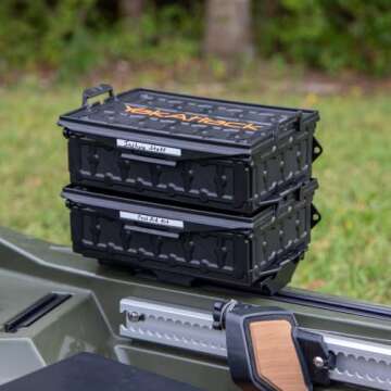 YakAttack TracPak Combo Kit, Set of Two Stacking Fishing Gear Storage Boxes with Track Mount Base, Black (SSO-1002) | Kayak Fishing Accessories