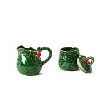 Two's Company Holiday Holly Creamer and Sugar Set - Durable Stoneware/Silicone, Embossed Holiday Dec...