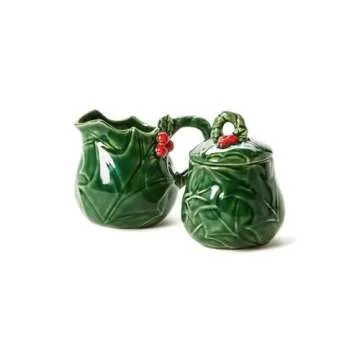 Two's Company Holiday Holly Creamer and Sugar Set - Durable Stoneware/Silicone, Embossed Holiday Decor, Festive Coffee Service, Dishwasher Safe, Christmas Kitchenware for Seasonal Table Settings