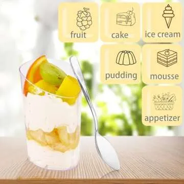 Legredic 50 Pack Mini Dessert Cups with Spoons, 3 oz Clear Plastic Parfait Appetizer Cups, Small Reusable Shooter Serving bowls for Tasting, Slanted Triangle Dessert Shot Glasses