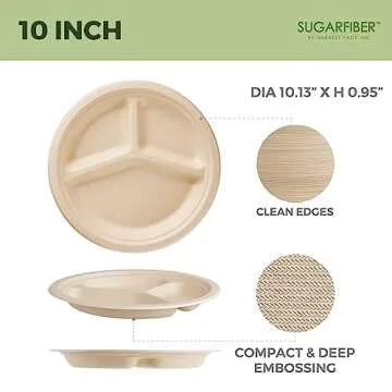 Harvest Pack 10-inch Compostable 3 Compartment Plates - 125 Count