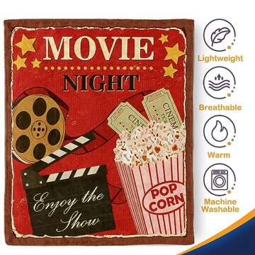 Movie Theme Blanket Gifts - Vintage Cinema Popcorn Movie Reel Modern Retro Decor Soft Throw Warm Lightweight Fleece Cozy Fuzzy Birthday Christmas Blankets for Women Kids Adults Teens 50"x60"