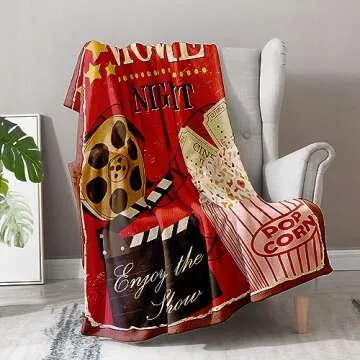 Movie Theme Blanket Gifts - Vintage Cinema Popcorn Movie Reel Modern Retro Decor Soft Throw Warm Lightweight Fleece Cozy Fuzzy Birthday Christmas Blankets for Women Kids Adults Teens 50"x60"