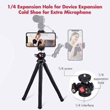 Fotopro Flexible Tripod for iPhone Bendable Flex Leg Camera Tripod with Ball Head Phone Mount idea for Travel vlogging Video Handheld Camera Phone Holder Tripod Stand