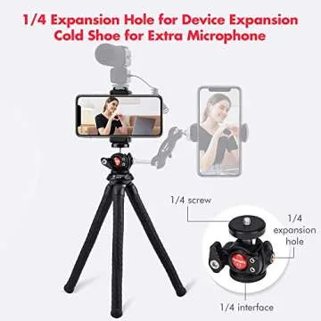 Fotopro Flexible Tripod for iPhone Bendable Flex Leg Camera Tripod with Ball Head Phone Mount idea for Travel vlogging Video Handheld Camera Phone Holder Tripod Stand