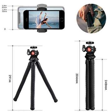Fotopro Flexible Tripod for iPhone Bendable Flex Leg Camera Tripod with Ball Head Phone Mount idea for Travel vlogging Video Handheld Camera Phone Holder Tripod Stand