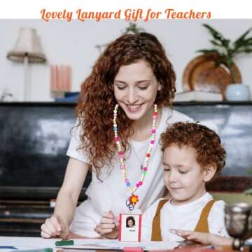 Beaded Lanyards for ID Badges, Cute Teacher Lanyard for Keys, Wood Aesthetic Lanyard for Women, Lopau Handmade Wooden Bead Lanyards in BOHO Style, Comfortable for Neck and Fashion for Girls Teachers A