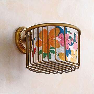 QIHCMLAJ Toilet Roll Holder,Toilet Paper Holder Wall Mounted Vintage Brass Roll Tissue Wire Basket D...