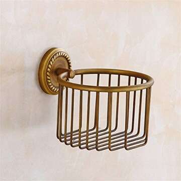 QIHCMLAJ Toilet Roll Holder,Toilet Paper Holder Wall Mounted Vintage Brass Roll Tissue Wire Basket Dispenser Tissue Paper Roll Holder for Bathroom Storage, Bronze