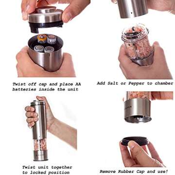 Electric Salt & Pepper Grinder Set | Pack Of 2 Mills With Mill Rest | Adjustable Coarse | LED Spotlight | Battery Operated