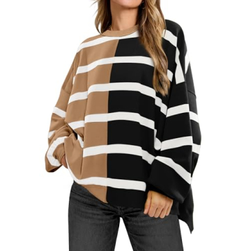 Caracilia Womens Striped Sweater Crewneck Long Sleeve Oversized Color Block Casual Loose Knit Pullov...