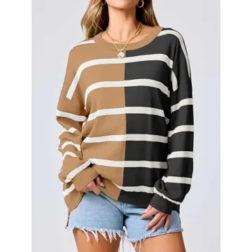 Caracilia Womens Striped Sweater Crewneck Long Sleeve Oversized Color Block Casual Loose Knit Pullover Sweaters 2024 Fall Black Brown Medium