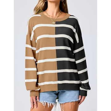 Caracilia Womens Striped Sweater Crewneck Long Sleeve Oversized Color Block Casual Loose Knit Pullover Sweaters 2024 Fall Black Brown Medium