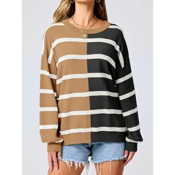 Caracilia Womens Striped Sweater Crewneck Long Sleeve Oversized Color Block Casual Loose Knit Pullover Sweaters 2024 Fall Black Brown Medium