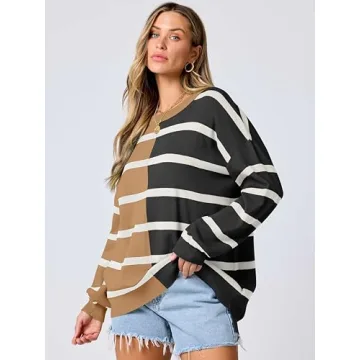 Caracilia Womens Striped Sweater Crewneck Long Sleeve Oversized Color Block Casual Loose Knit Pullover Sweaters 2024 Fall Black Brown Medium