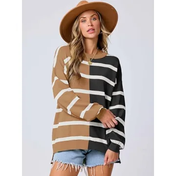 Caracilia Womens Striped Sweater Crewneck Long Sleeve Oversized Color Block Casual Loose Knit Pullover Sweaters 2024 Fall Black Brown Medium